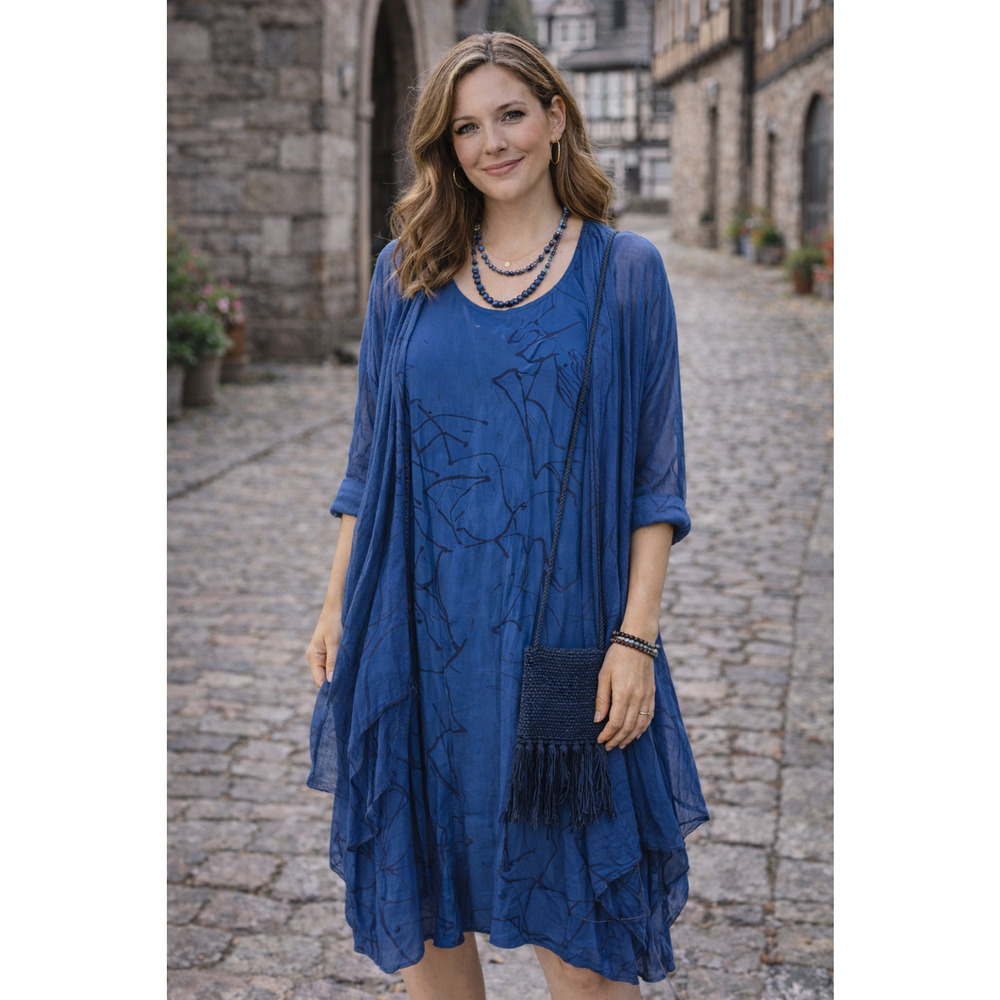 Risona by Tomo Blue Dress See Through Design Lagenlook Size 1 US 6-8